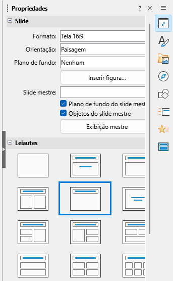 os painéis Slides e Leiautes no deque Propriedades na Barra lateral