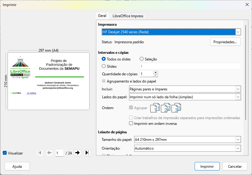exemplo de caixa de diálogo Imprimir — página do LibreOffice Impress