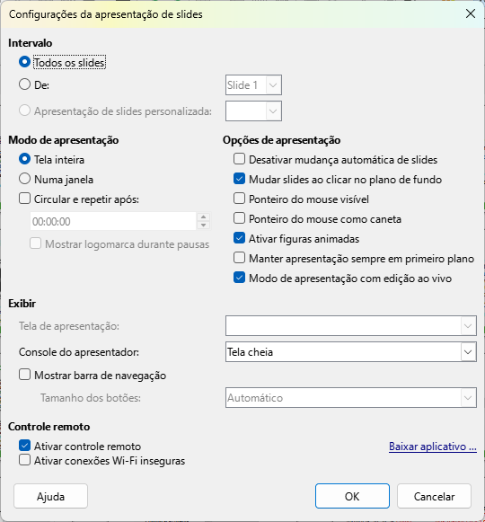 caixa de diálogo Configurações da apresentação de slides