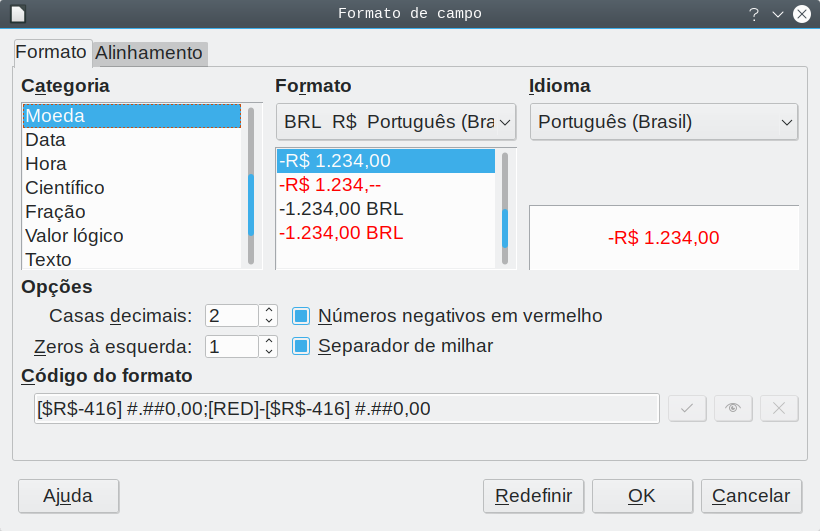 opções de formato
