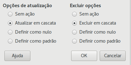 opções de atualização e Excluir opções