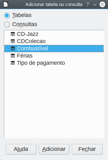 adicionar tabela ou diálogo de consulta