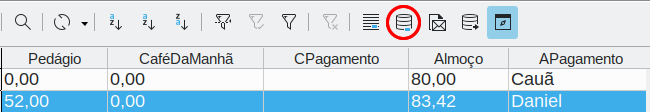 linha selecionada na janela Fontes de dados