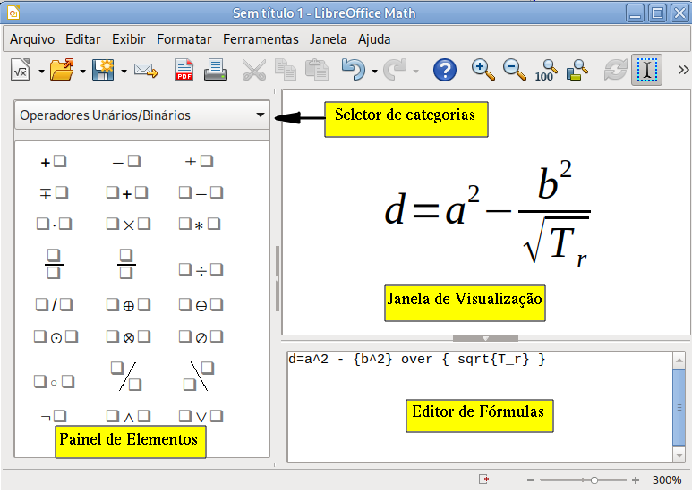 Elementos da janela do LibreOffice Math.