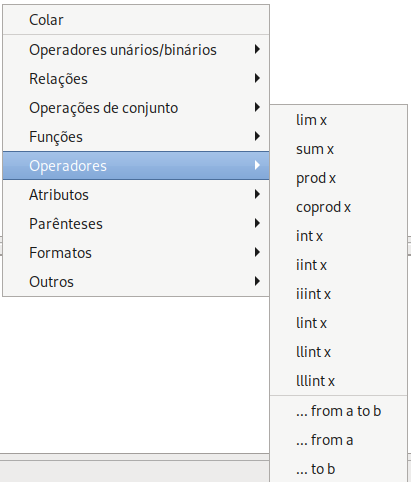 Menu de contexto no Editor de Fórmulas.