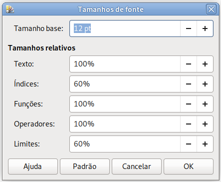 Caixa de diálogo Tamanhos de fonte.