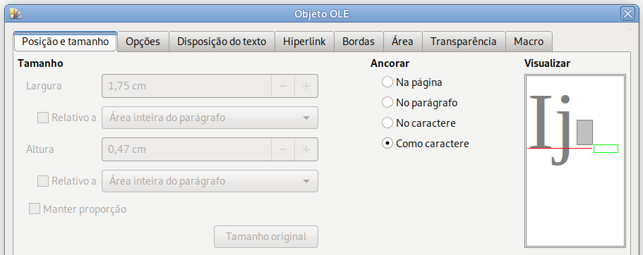 Caixa de diálogo Objeto – Aba Posição e tamanho com opções de âncora.