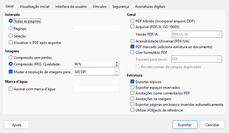 Caixa de diálogo Opções de PDF — Página Geral