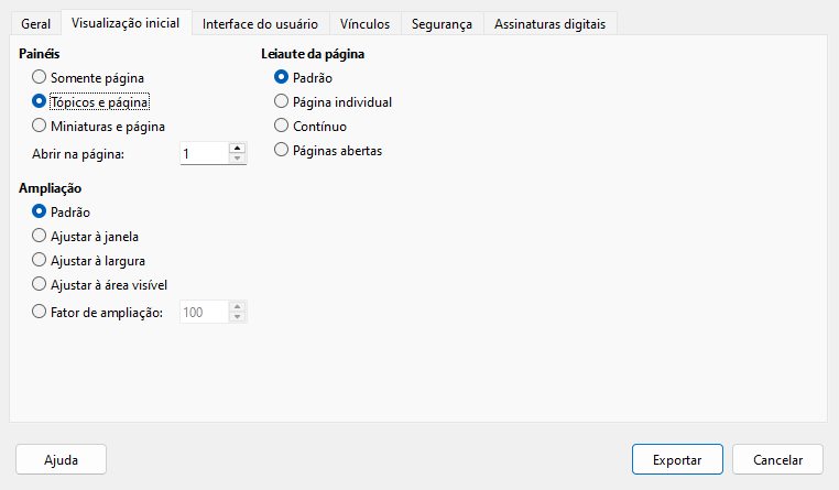 Caixa de diálogo Opções de PDF — Página de visualização inicial