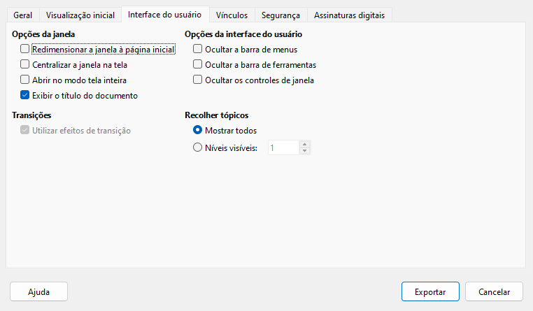  Caixa de diálogo Opções de PDF — Página de Interface do Usuário