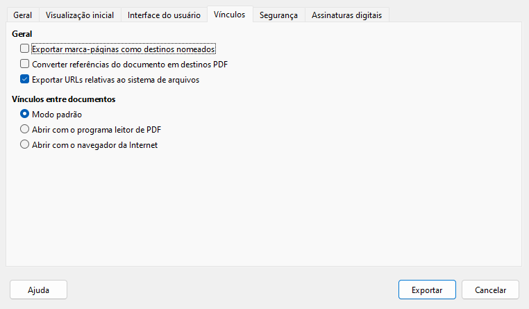 Caixa de diálogo Opções de PDF — Página Vínculos