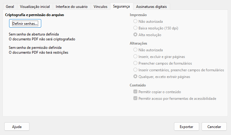  Caixa de diálogo Opções de PDF — Página Segurança