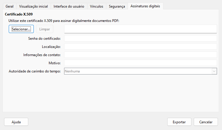  Caixa de diálogo Opções de PDF — Página Assinaturas Digitais