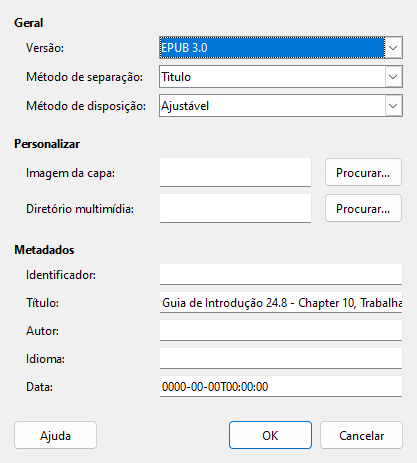  Caixa de diálogo Exportação EPUB