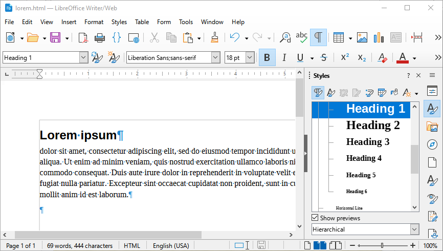 Exemplo de visualização normal no Writer/Web