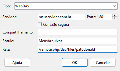 Caixa de diálogo Serviços de arquivo