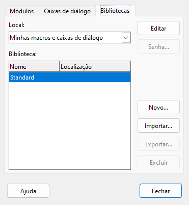 Caixa de diálogo Organizador de macros BASIC, aba Bibliotecas