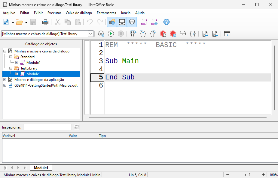 Janela do LibreOffice BASIC IDE (Ambiente de Desenvolvimento Integrado)