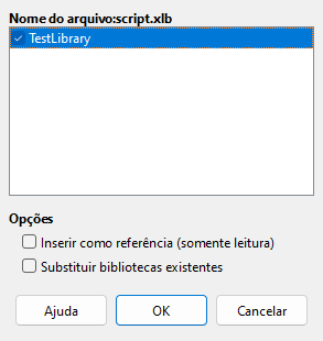 Escolha as opções de importação da biblioteca