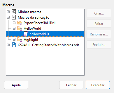 Caixa de diálogo Macros JavaScript