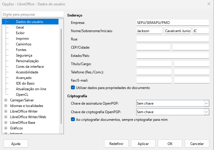 Caixa de diálogo Opções do LibreOffice — Página Dados do usuário