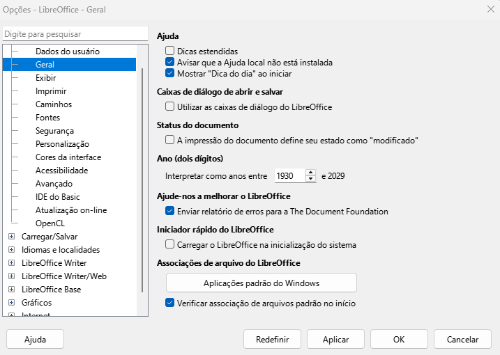 Caixa de diálogo Opções do LibreOffice — Página Geral