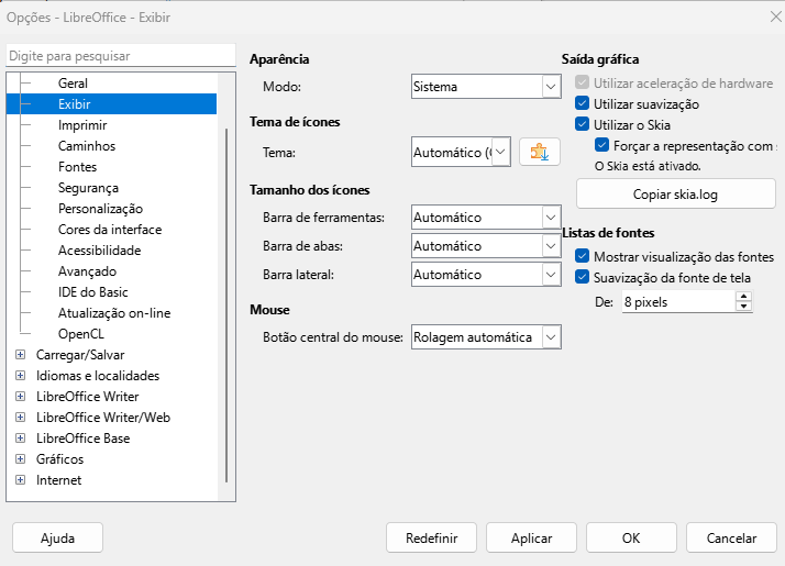 Caixa de diálogo Opções do LibreOffice — Página Exibir