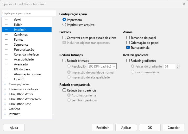 Caixa de diálogo Opções do LibreOffice — Página Imprimir