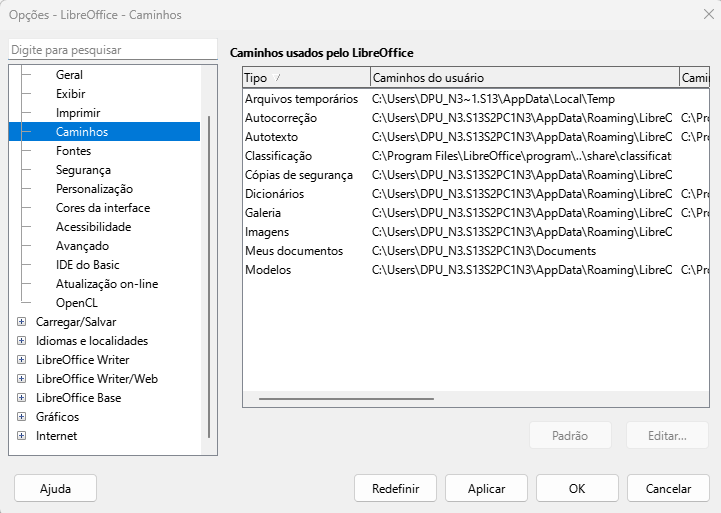Caixa de diálogo Opções do LibreOffice — Página Caminhos