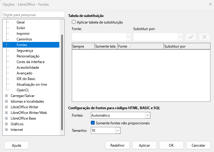 Caixa de diálogo Opções do LibreOffice — Página Fontes