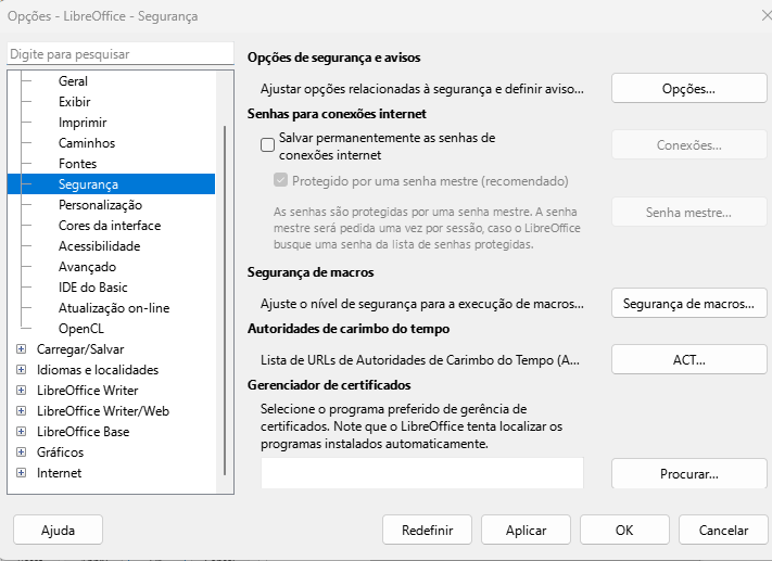 Caixa de diálogo Opções do LibreOffice — Página de segurança