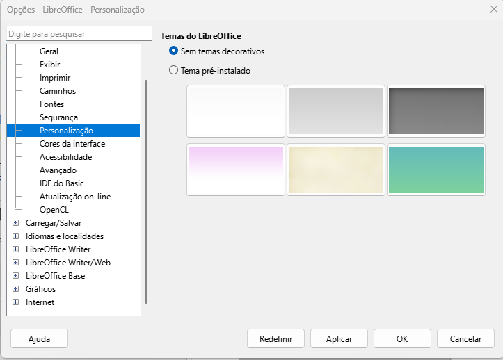 Caixa de diálogo Opções do LibreOffice — Página Personalização