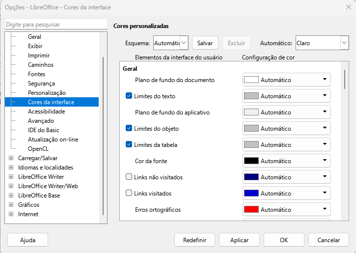 Caixa de diálogo Opções do LibreOffice — Página Cores da interface