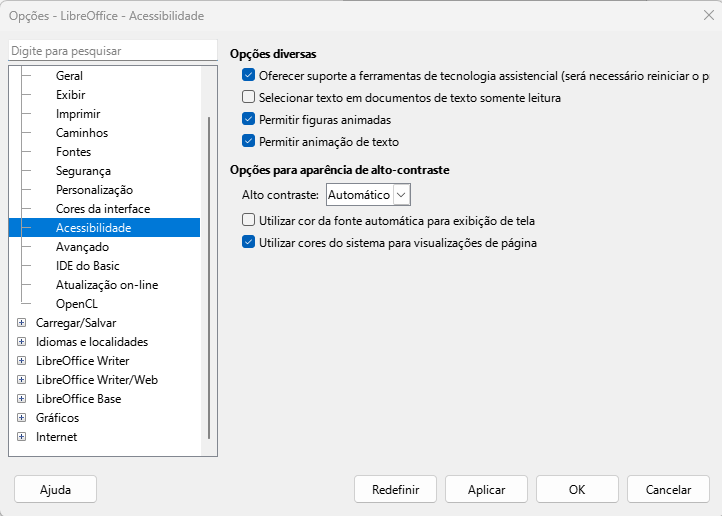 Caixa de diálogo Opções do LibreOffice — Página Acessibilidade