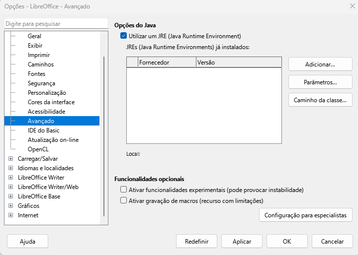 Caixa de diálogo Opções do LibreOffice — Página Avançado