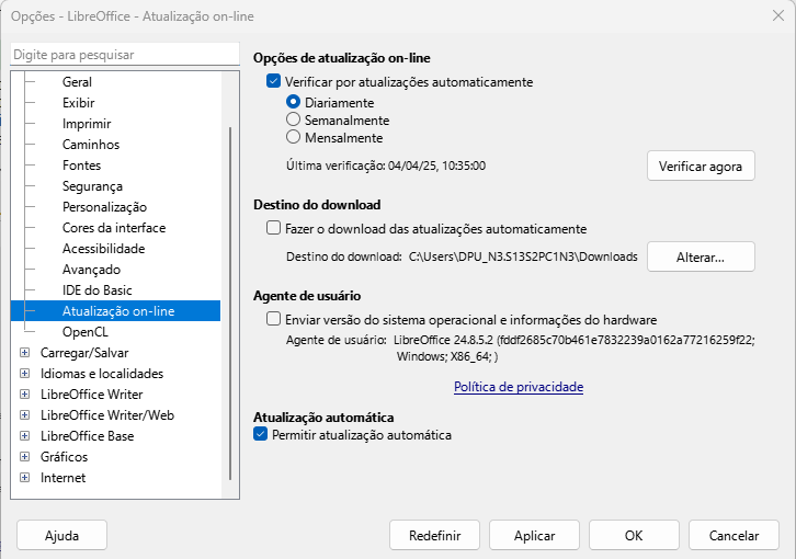Caixa de diálogo Opções do LibreOffice — Página de Atualização online