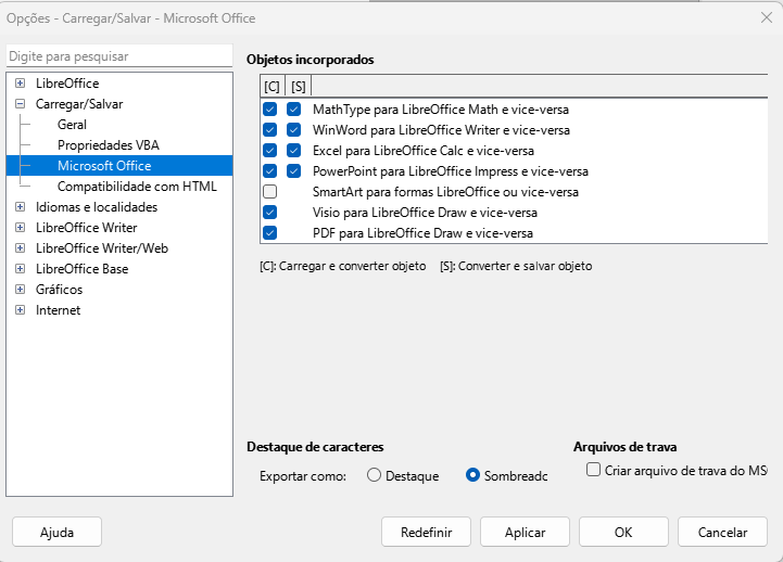Caixa de diálogo Opções Carregar/Salvar — Página Microsoft Office
