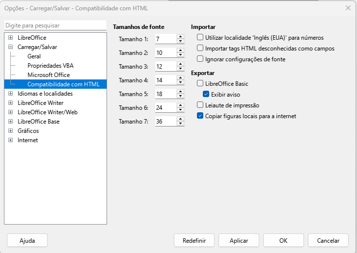 Caixa de diálogo Opções Carregar/Salvar — Página Compatibilidade com HTML