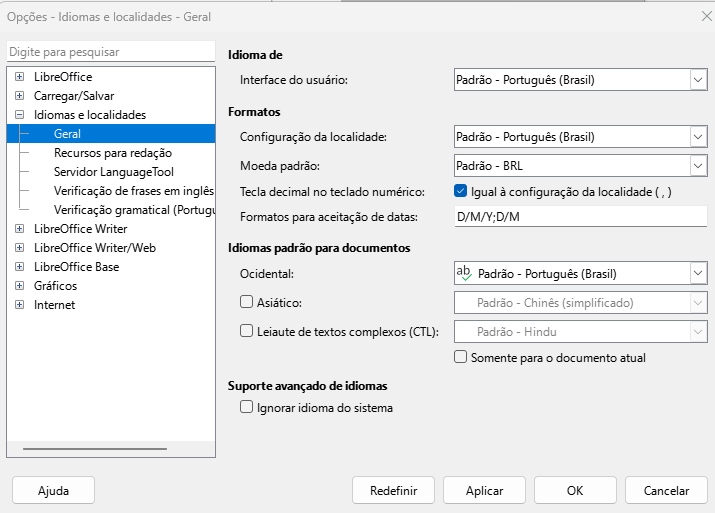 Opções - Diálogo Idiomas e Localidades — Página Idiomas