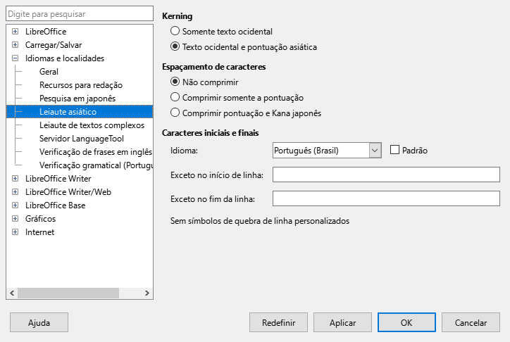 Caixa de diálogo Opções Idiomas e Localidades — Leiaute Asiático