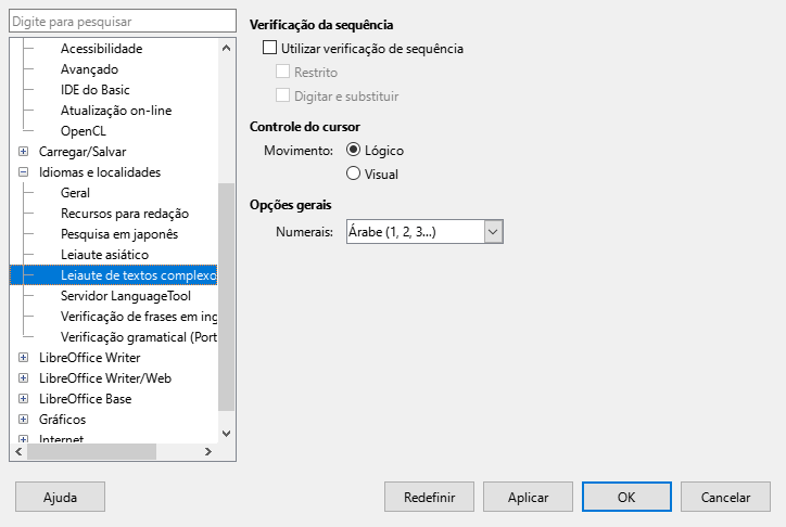 Caixa de diálogo Opções Idiomas e Localidades — Página de Layout de Texto Complexo