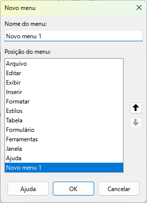Caixa de diálogo Novo menu