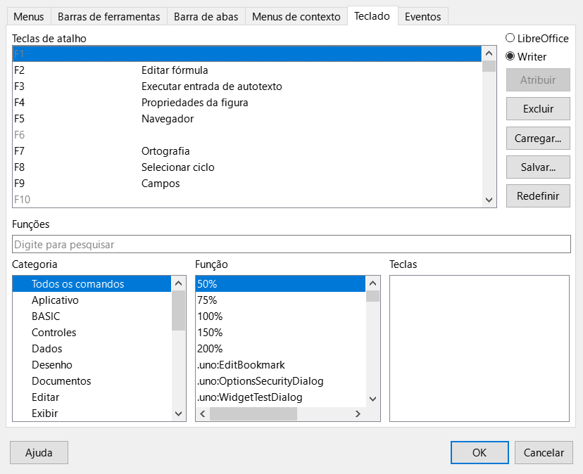 Caixa de diálogo Personalizar — Aba Teclado para Linux/Windows