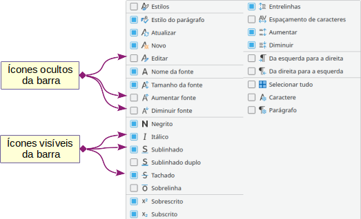 menu de contexto da barra de ferramentas e seleção de ícones visíveis da barra de ferramentas