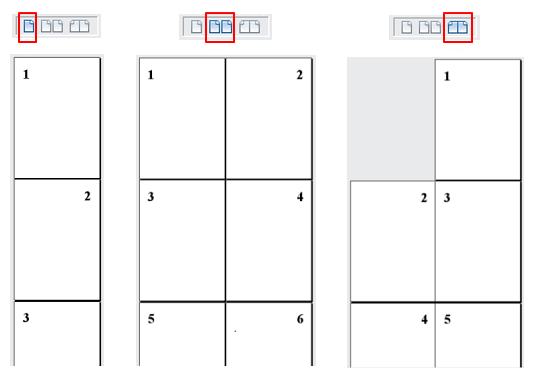 leiautes de visualização: página individual, multipáginas e livro