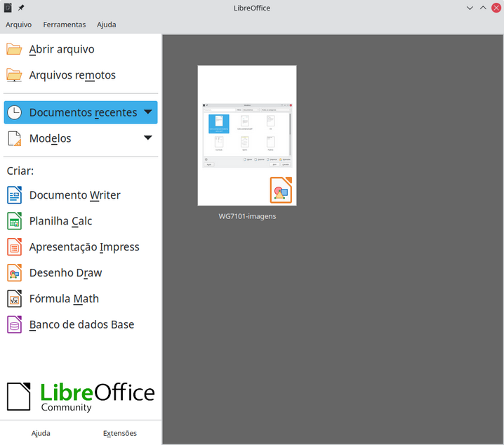 Central de inicialização do LibreOffice