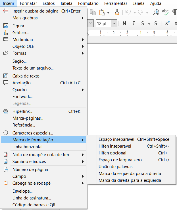 submenu Inserir > Marca de formatação