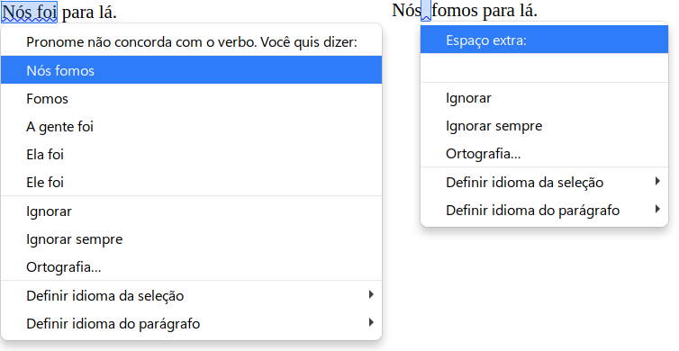 Menu de contexto para erros gramaticais