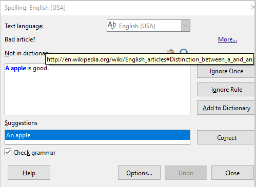 Diálogo ortográfico mostrando URL para explicação gramatical expandida (exemplo em inglês)