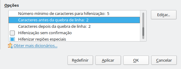 Configuração das opções de hifenização